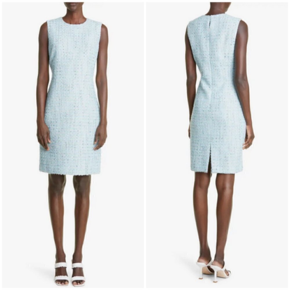 💕ST JOHN💕 Sequin Tweed Knit Sheath Dress ~ Aqua 14 NWOT